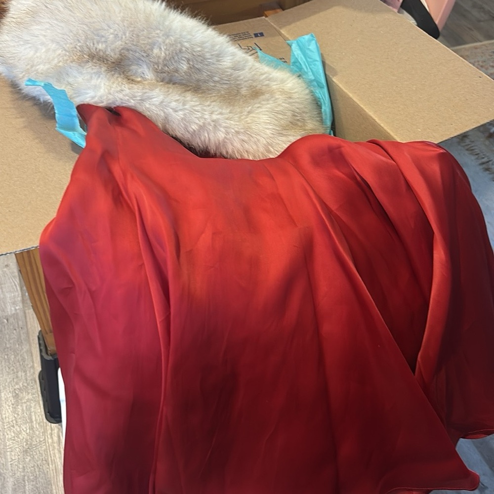 Elegant Red Satin Dress with Faux Fur Trim